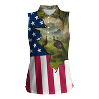 Custom American Flag Turkey Hunting Women Sleeveless Polo Shirt with Illinois State Outline Country Farm Scene - Wonder Print Shop