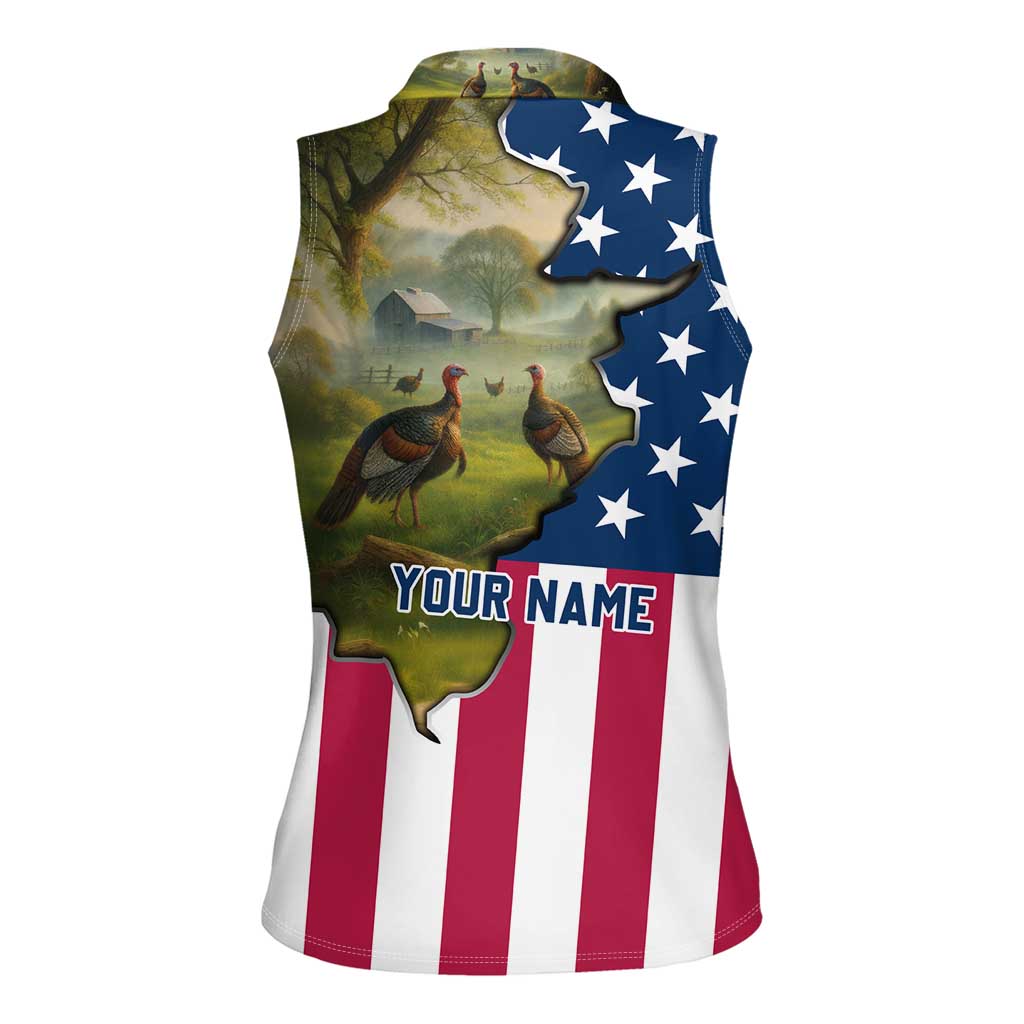 Custom American Flag Turkey Hunting Women Sleeveless Polo Shirt with Illinois State Outline Country Farm Scene - Wonder Print Shop