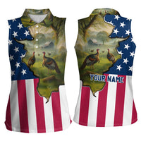 Custom American Flag Turkey Hunting Women Sleeveless Polo Shirt with Illinois State Outline Country Farm Scene - Wonder Print Shop