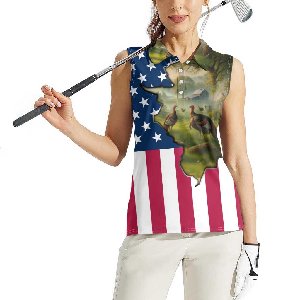 Custom American Flag Turkey Hunting Women Sleeveless Polo Shirt with Illinois State Outline Country Farm Scene - Wonder Print Shop