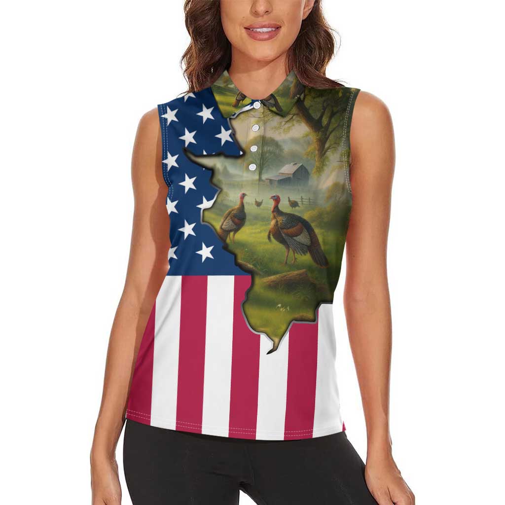 Custom American Flag Turkey Hunting Women Sleeveless Polo Shirt with Illinois State Outline Country Farm Scene - Wonder Print Shop