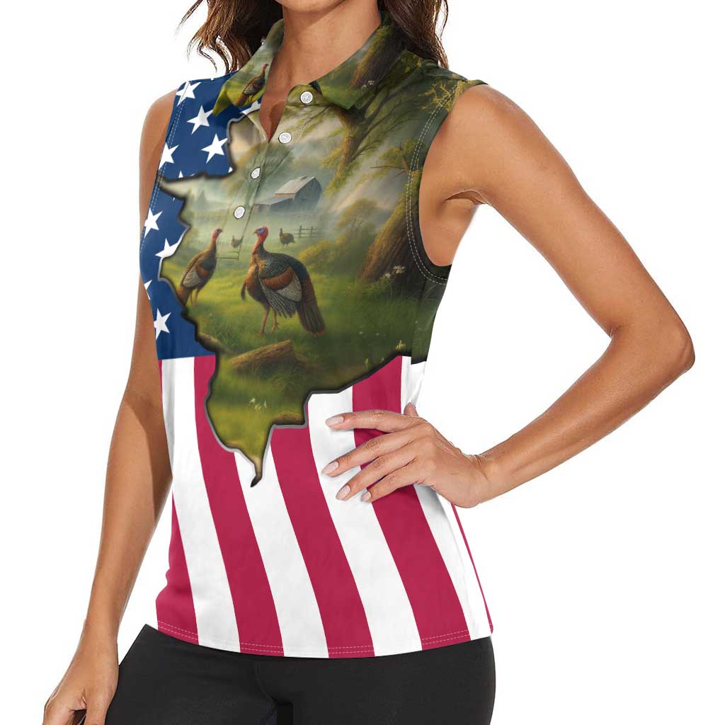 Custom American Flag Turkey Hunting Women Sleeveless Polo Shirt with Illinois State Outline Country Farm Scene - Wonder Print Shop