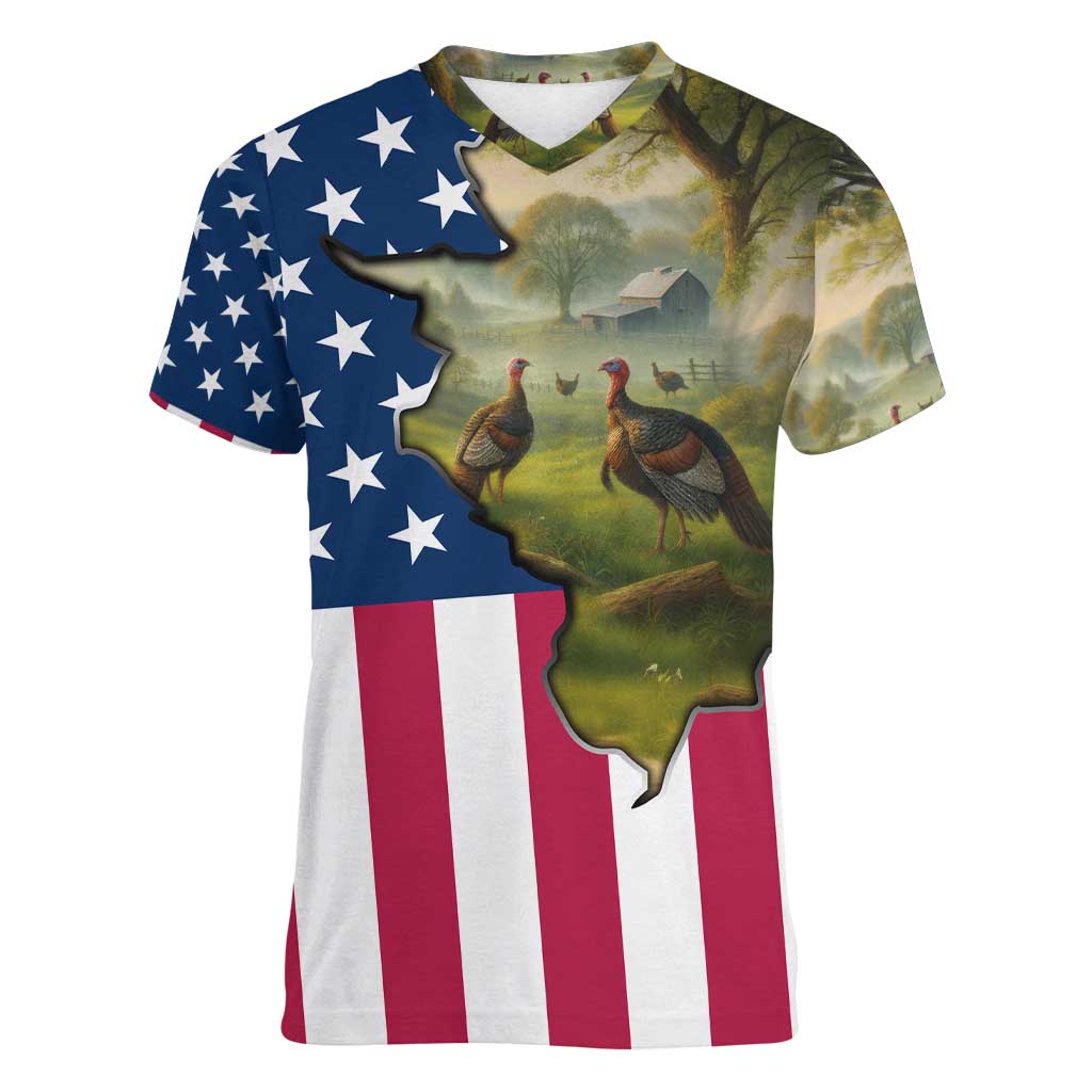 Custom American Flag Turkey Hunting Women V-Neck T-Shirt with Illinois State Outline Country Farm Scene - Wonder Print Shop
