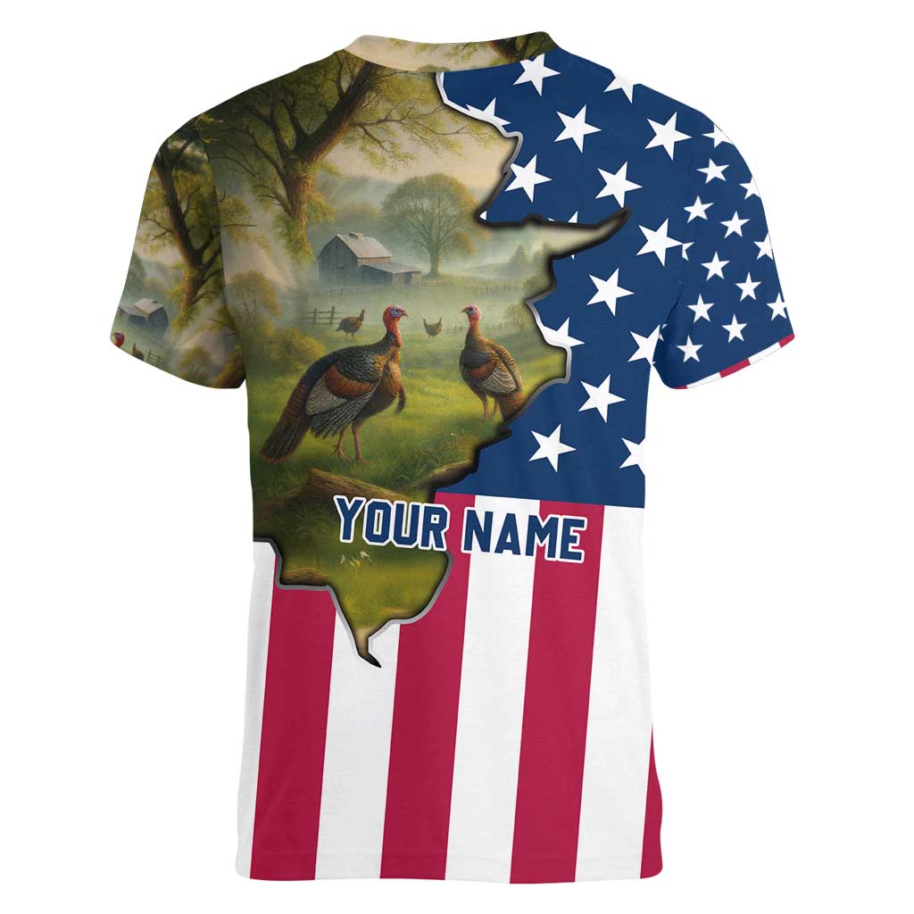 Custom American Flag Turkey Hunting Women V-Neck T-Shirt with Illinois State Outline Country Farm Scene - Wonder Print Shop