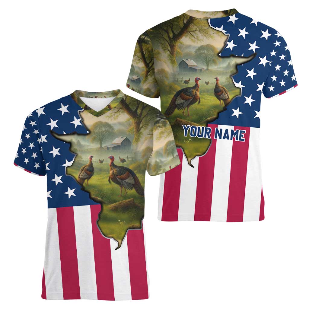 Custom American Flag Turkey Hunting Women V-Neck T-Shirt with Illinois State Outline Country Farm Scene - Wonder Print Shop