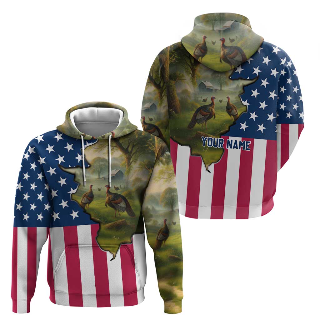 Custom American Flag Turkey Hunting Zip Hoodie with Illinois State Outline Country Farm Scene - Wonder Print Shop