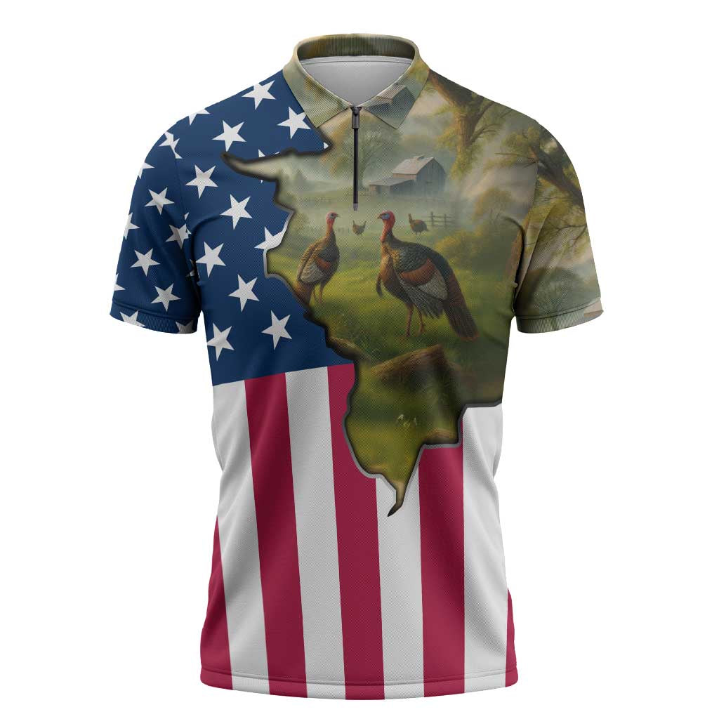 Custom American Flag Turkey Hunting Zipper Polo Shirt with Illinois State Outline Country Farm Scene - Wonder Print Shop