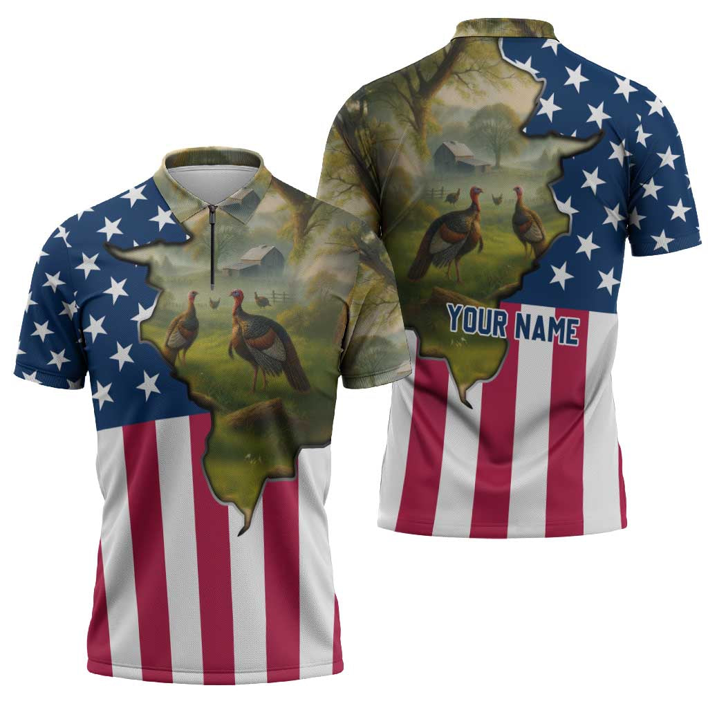 Custom American Flag Turkey Hunting Zipper Polo Shirt with Illinois State Outline Country Farm Scene - Wonder Print Shop