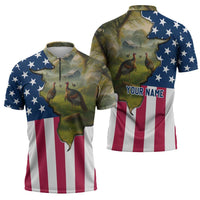 Custom American Flag Turkey Hunting Zipper Polo Shirt with Illinois State Outline Country Farm Scene - Wonder Print Shop