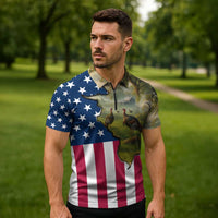 Custom American Flag Turkey Hunting Zipper Polo Shirt with Illinois State Outline Country Farm Scene - Wonder Print Shop