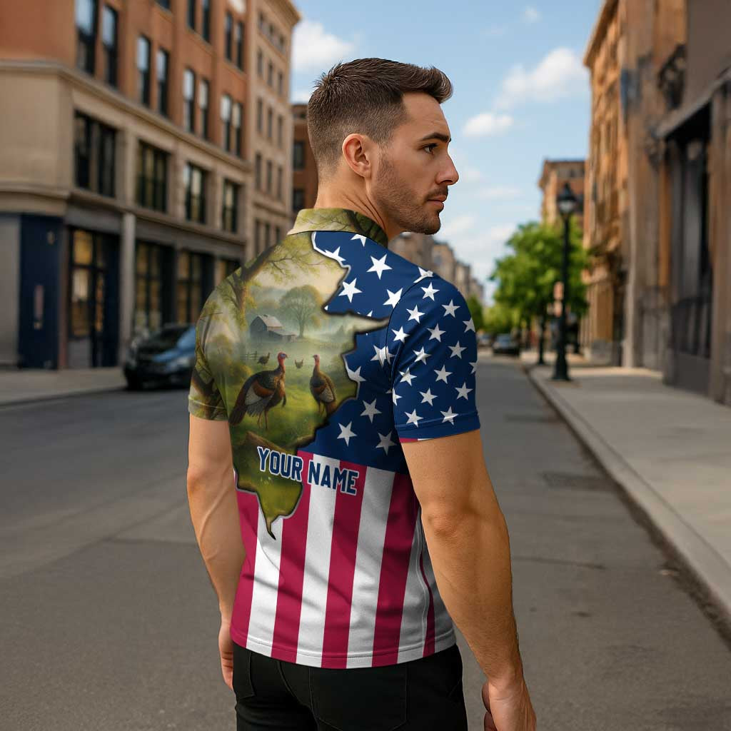 Custom American Flag Turkey Hunting Zipper Polo Shirt with Illinois State Outline Country Farm Scene - Wonder Print Shop