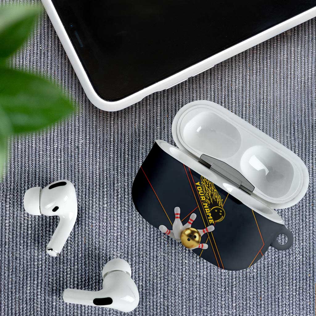Custom Golden Bowling Shirts For Men, Flame Bowling AirPods Case with Flaming Bowling Ball Striking Pins And Geometric Line Pattern - Wonder Print Shop