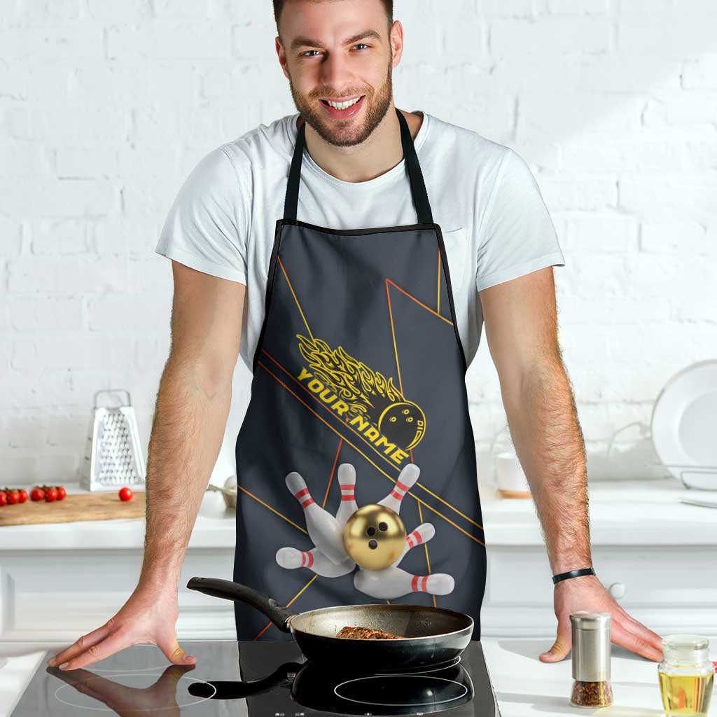 Custom Golden Bowling Shirts For Men, Flame Bowling Apron with Flaming Bowling Ball Striking Pins And Geometric Line Pattern - Wonder Print Shop