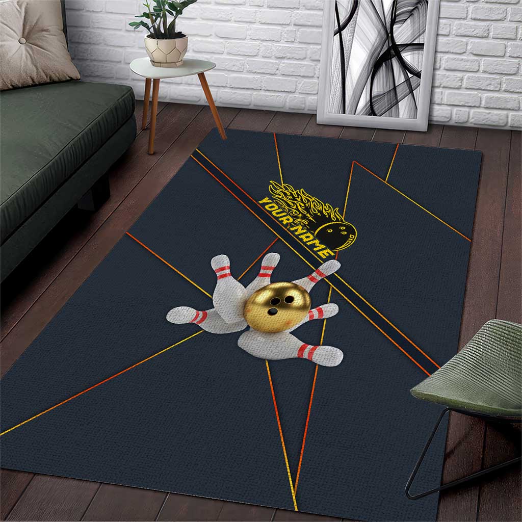 Custom Golden Bowling Shirts For Men, Flame Bowling Area Rug with Flaming Bowling Ball Striking Pins And Geometric Line Pattern - Wonder Print Shop