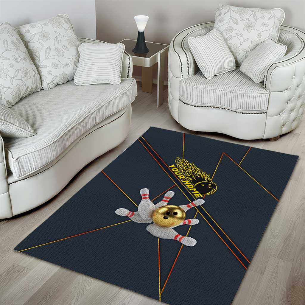 Custom Golden Bowling Shirts For Men, Flame Bowling Area Rug with Flaming Bowling Ball Striking Pins And Geometric Line Pattern - Wonder Print Shop