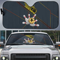 Custom Golden Bowling Shirts For Men, Flame Bowling Auto Sun Shade with Flaming Bowling Ball Striking Pins And Geometric Line Pattern - Wonder Print Shop