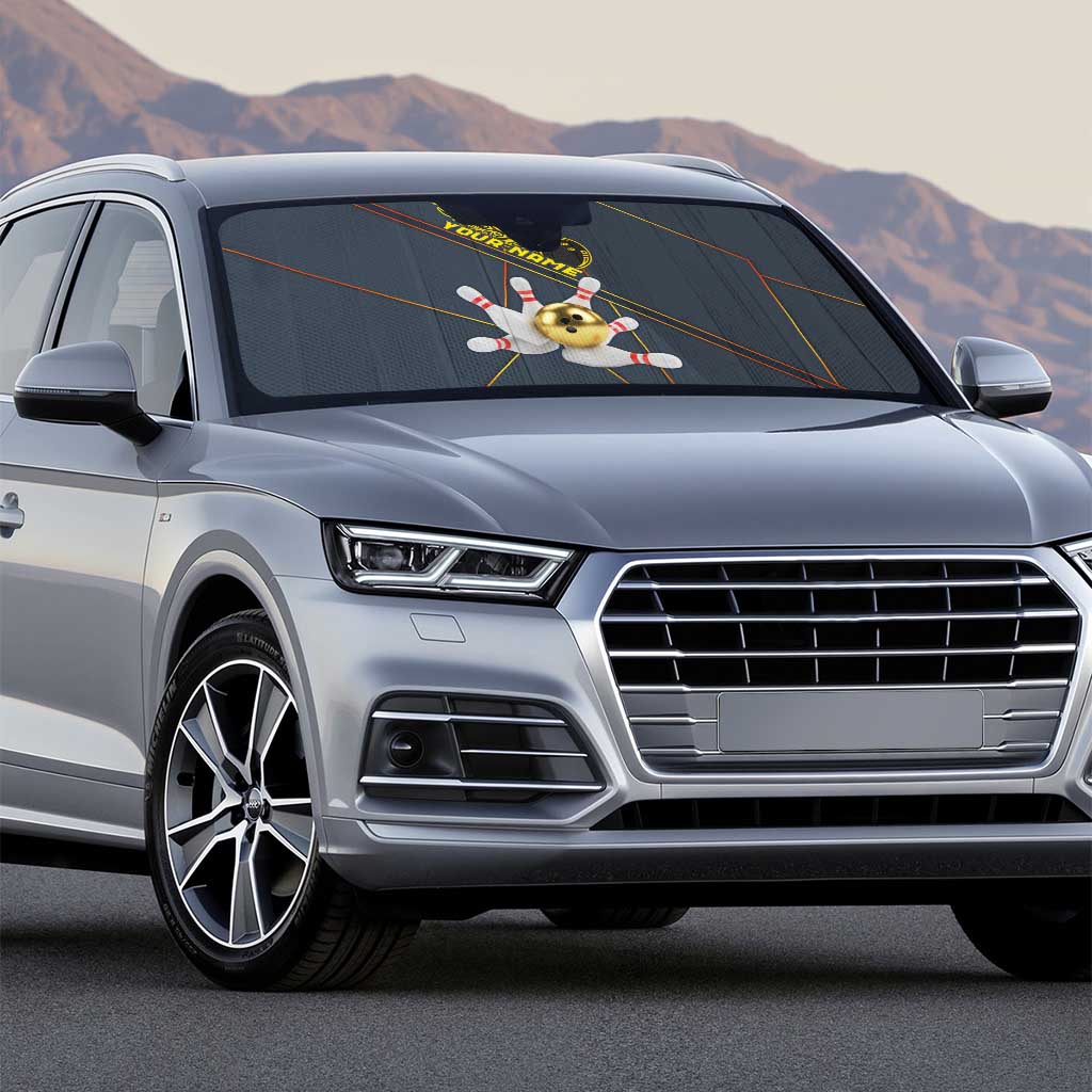 Custom Golden Bowling Shirts For Men, Flame Bowling Auto Sun Shade with Flaming Bowling Ball Striking Pins And Geometric Line Pattern - Wonder Print Shop