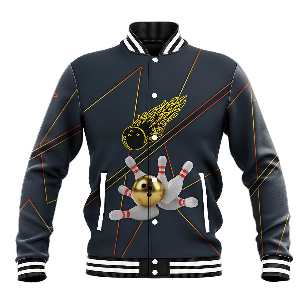 Custom Golden Bowling Shirts For Men, Flame Bowling Baseball Jacket with Flaming Bowling Ball Striking Pins And Geometric Line Pattern - Wonder Print Shop