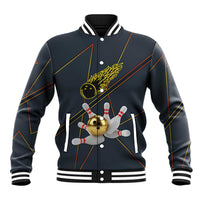 Custom Golden Bowling Shirts For Men, Flame Bowling Baseball Jacket with Flaming Bowling Ball Striking Pins And Geometric Line Pattern - Wonder Print Shop