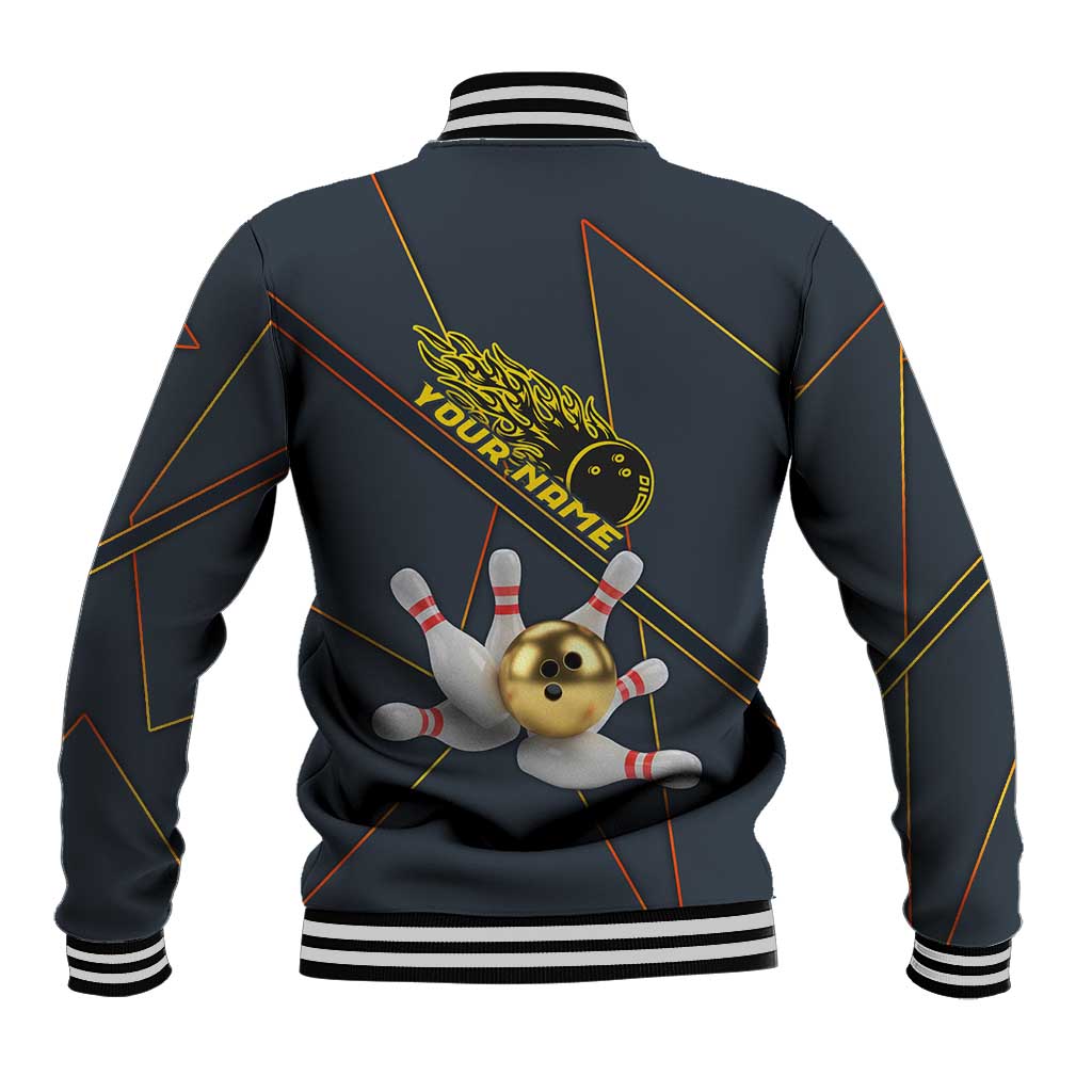 Custom Golden Bowling Shirts For Men, Flame Bowling Baseball Jacket with Flaming Bowling Ball Striking Pins And Geometric Line Pattern - Wonder Print Shop