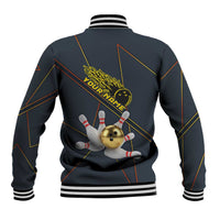 Custom Golden Bowling Shirts For Men, Flame Bowling Baseball Jacket with Flaming Bowling Ball Striking Pins And Geometric Line Pattern - Wonder Print Shop