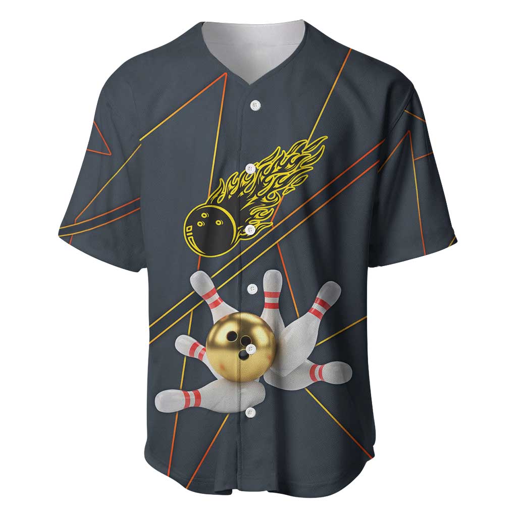 Custom Golden Bowling Shirts For Men, Flame Bowling Baseball Jersey with Flaming Bowling Ball Striking Pins And Geometric Line Pattern - Wonder Print Shop