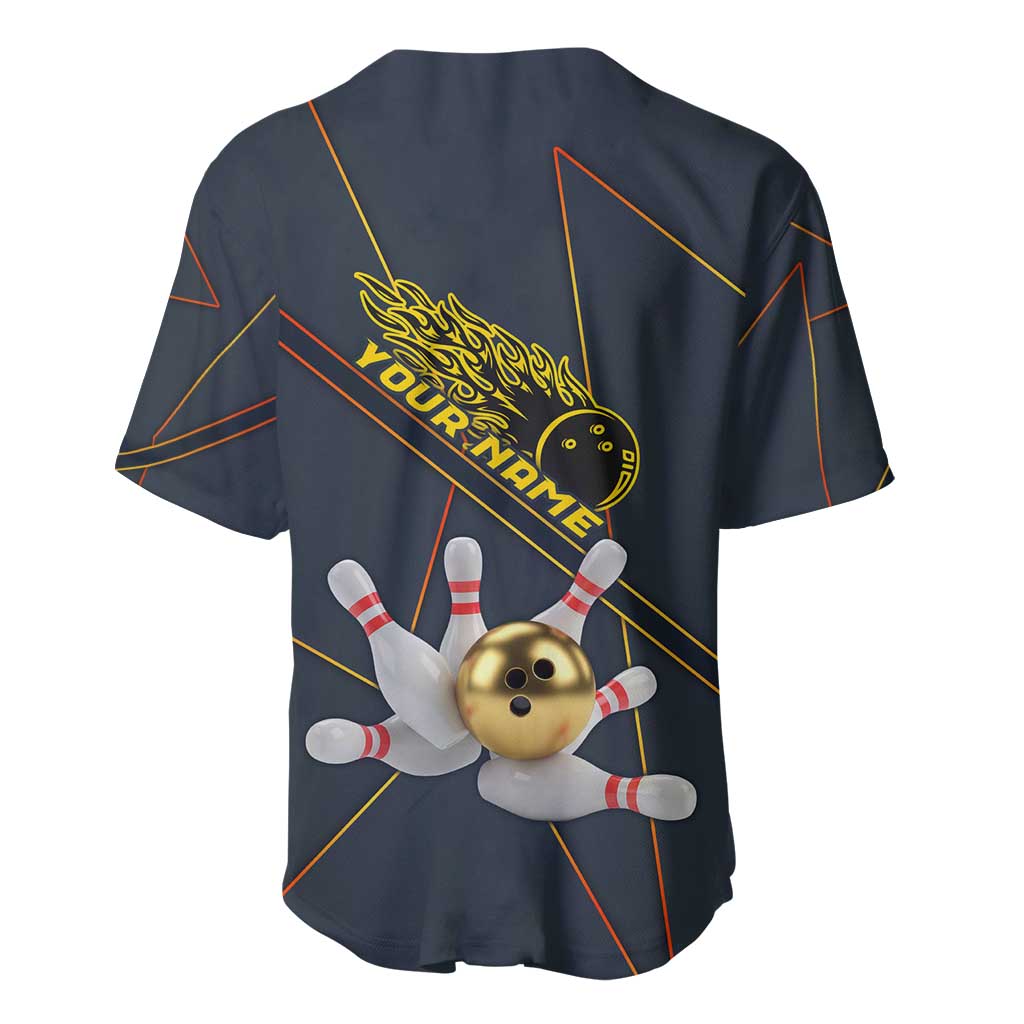 Custom Golden Bowling Shirts For Men, Flame Bowling Baseball Jersey with Flaming Bowling Ball Striking Pins And Geometric Line Pattern - Wonder Print Shop