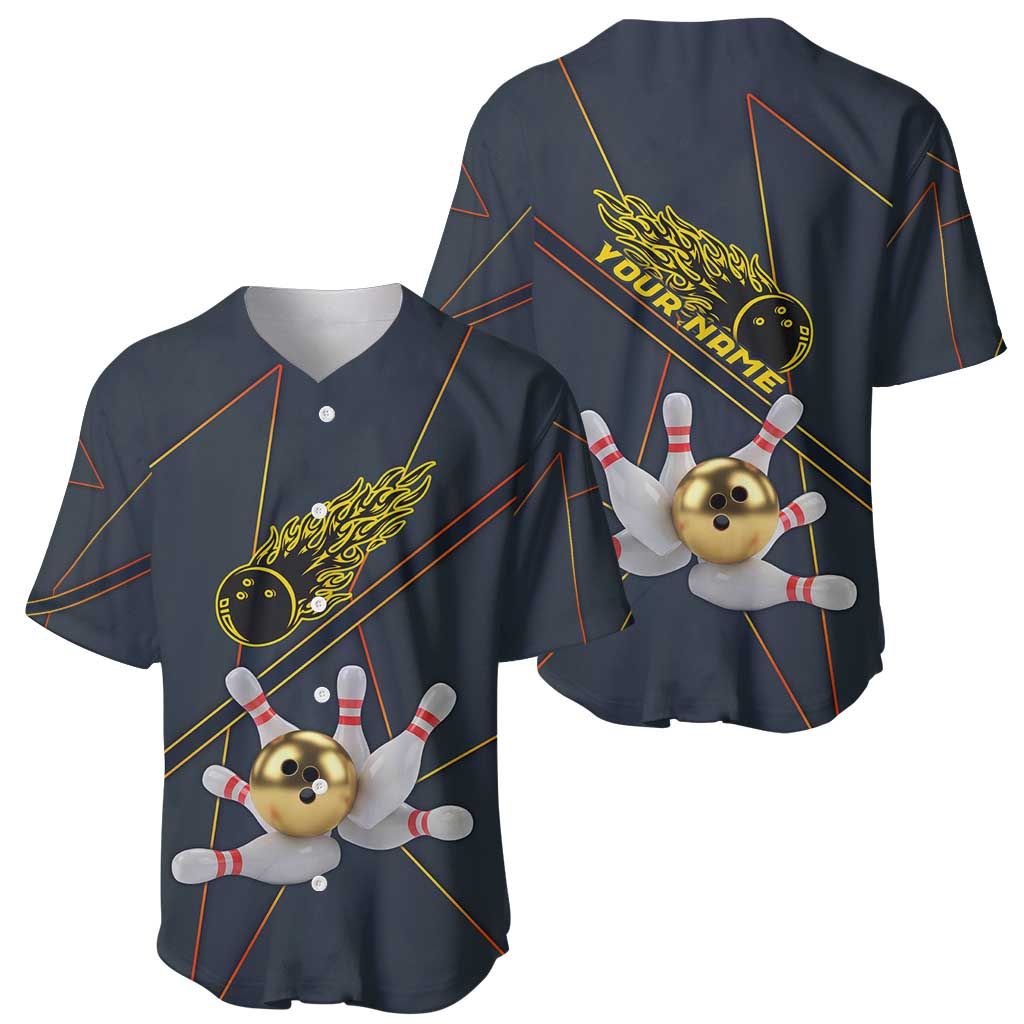 Custom Golden Bowling Shirts For Men, Flame Bowling Baseball Jersey with Flaming Bowling Ball Striking Pins And Geometric Line Pattern - Wonder Print Shop