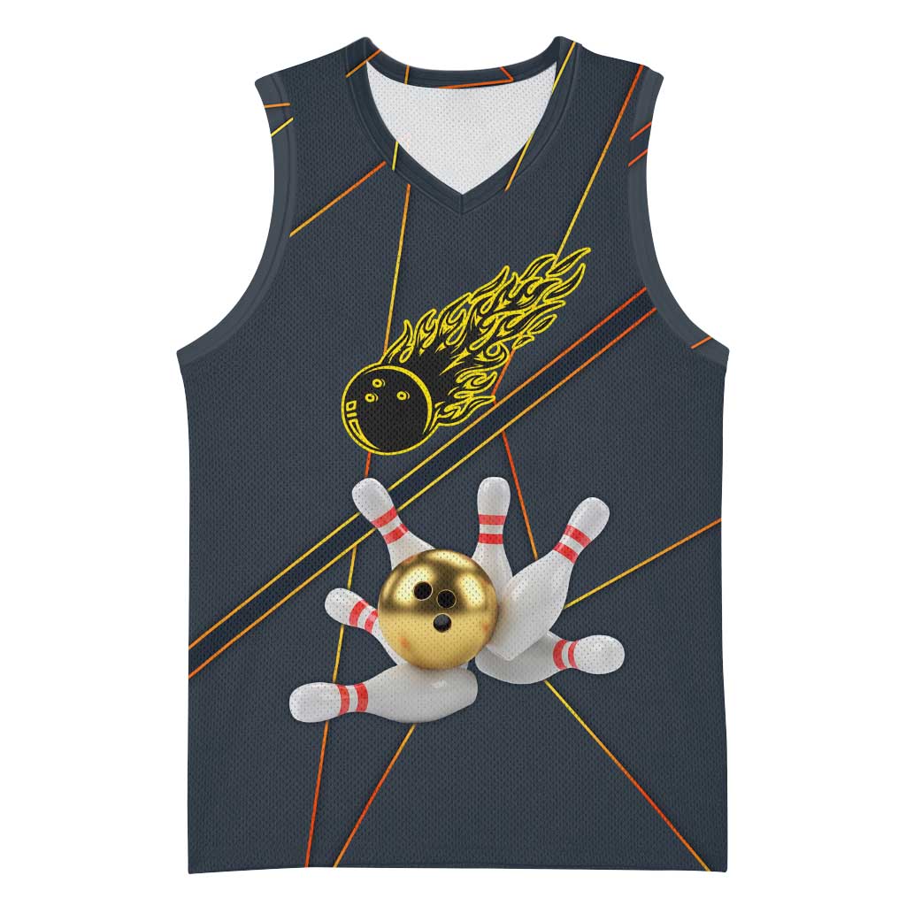 Custom Golden Bowling Shirts For Men, Flame Bowling Basketball Jersey with Flaming Bowling Ball Striking Pins And Geometric Line Pattern - Wonder Print Shop