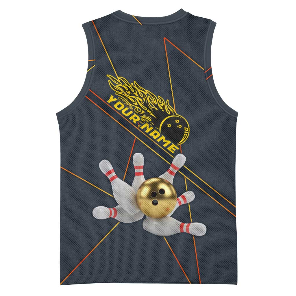 Custom Golden Bowling Shirts For Men, Flame Bowling Basketball Jersey with Flaming Bowling Ball Striking Pins And Geometric Line Pattern - Wonder Print Shop
