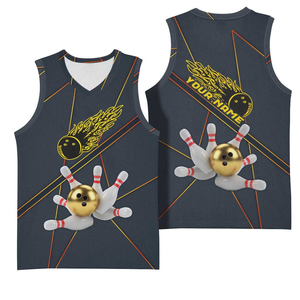 Custom Golden Bowling Shirts For Men, Flame Bowling Basketball Jersey with Flaming Bowling Ball Striking Pins And Geometric Line Pattern - Wonder Print Shop