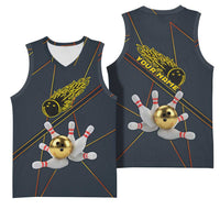 Custom Golden Bowling Shirts For Men, Flame Bowling Basketball Jersey with Flaming Bowling Ball Striking Pins And Geometric Line Pattern - Wonder Print Shop