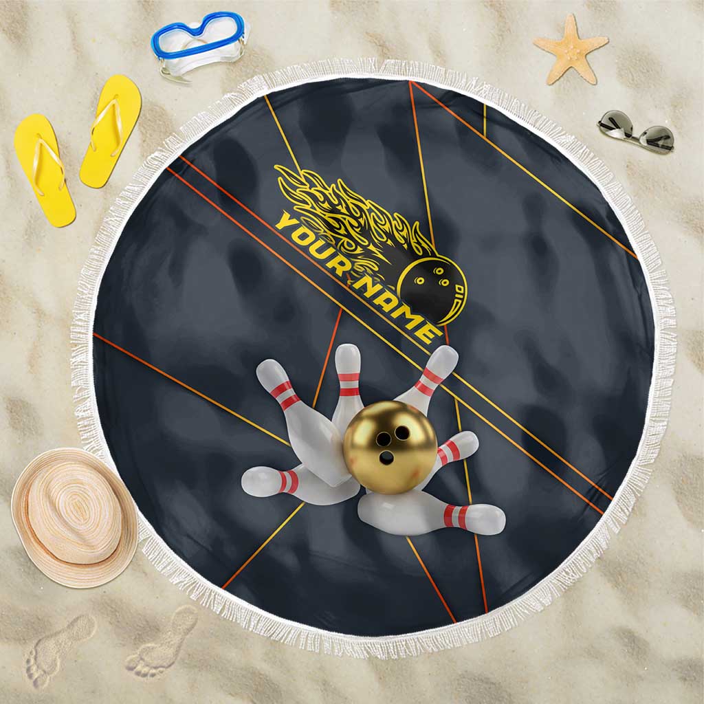 Custom Golden Bowling Shirts For Men, Flame Bowling Beach Blanket with Flaming Bowling Ball Striking Pins And Geometric Line Pattern - Wonder Print Shop