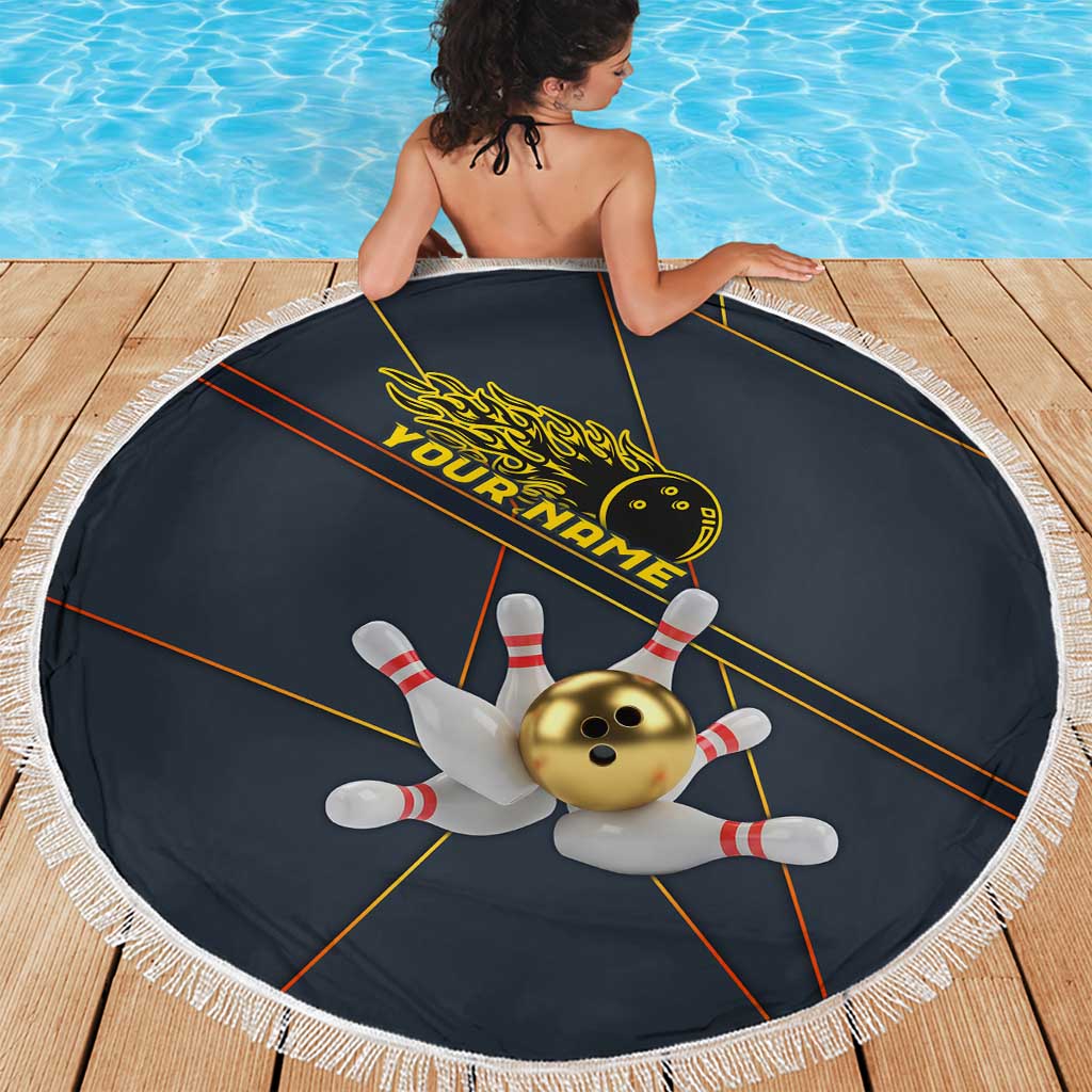 Custom Golden Bowling Shirts For Men, Flame Bowling Beach Blanket with Flaming Bowling Ball Striking Pins And Geometric Line Pattern - Wonder Print Shop