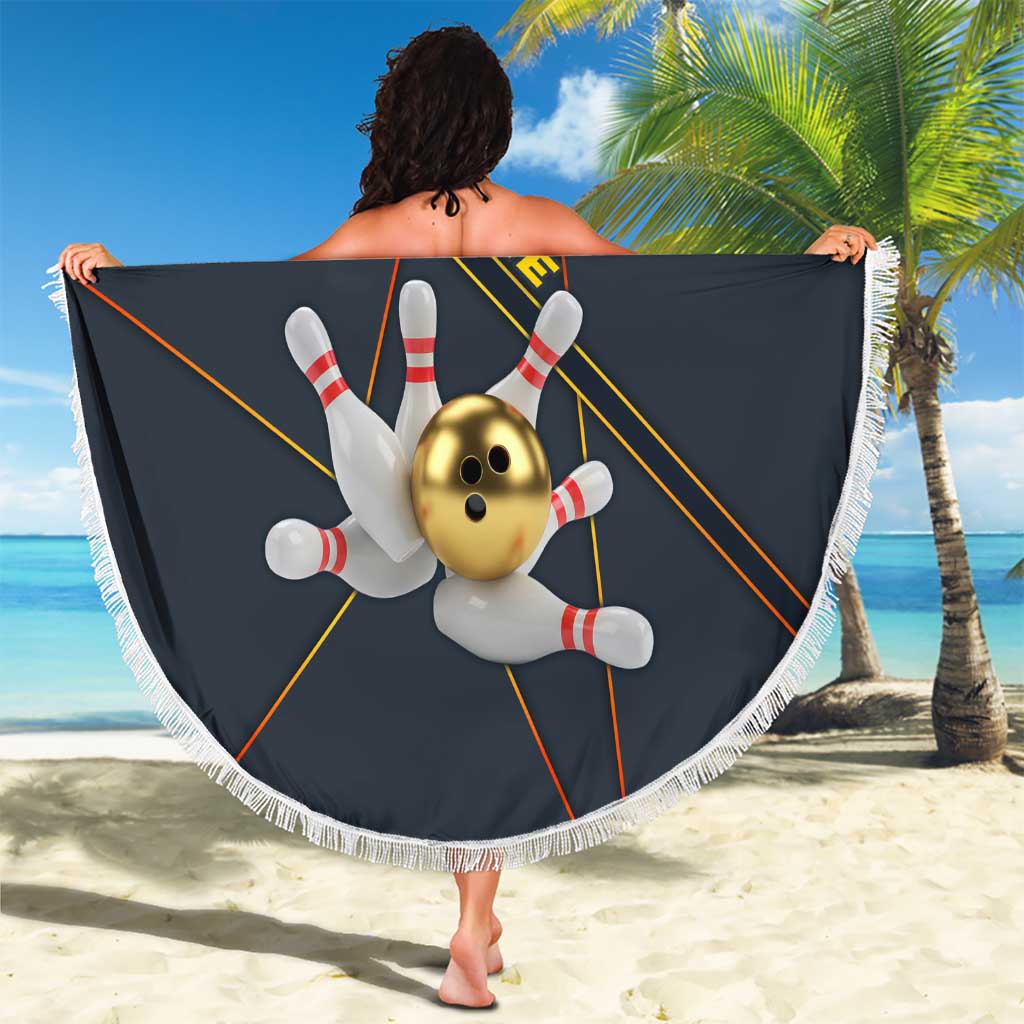 Custom Golden Bowling Shirts For Men, Flame Bowling Beach Blanket with Flaming Bowling Ball Striking Pins And Geometric Line Pattern - Wonder Print Shop