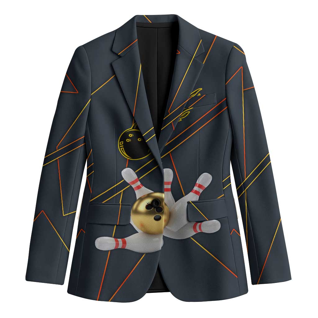 Custom Golden Bowling Shirts For Men, Flame Bowling Blazer with Flaming Bowling Ball Striking Pins And Geometric Line Pattern - Wonder Print Shop