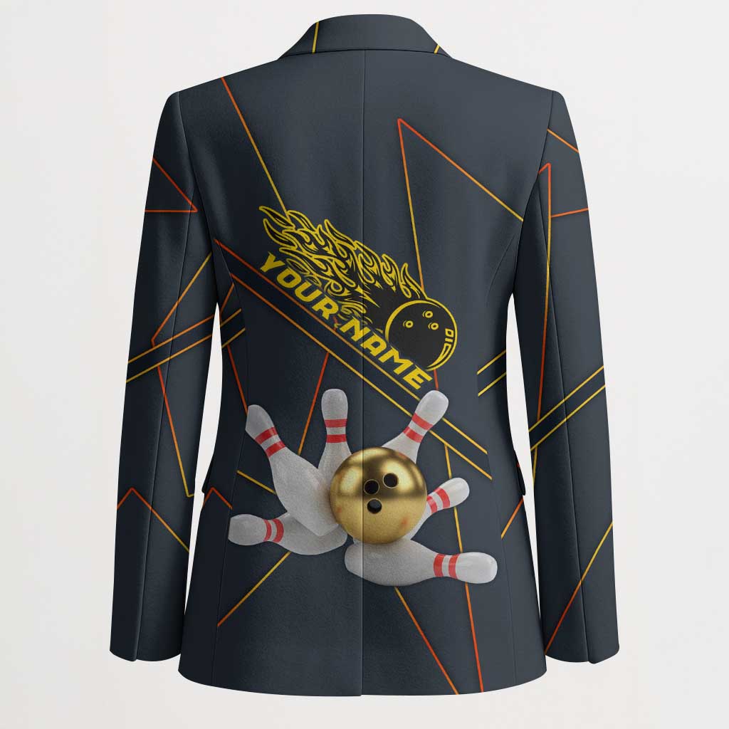 Custom Golden Bowling Shirts For Men, Flame Bowling Blazer with Flaming Bowling Ball Striking Pins And Geometric Line Pattern - Wonder Print Shop