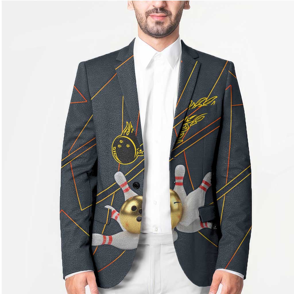 Custom Golden Bowling Shirts For Men, Flame Bowling Blazer with Flaming Bowling Ball Striking Pins And Geometric Line Pattern - Wonder Print Shop