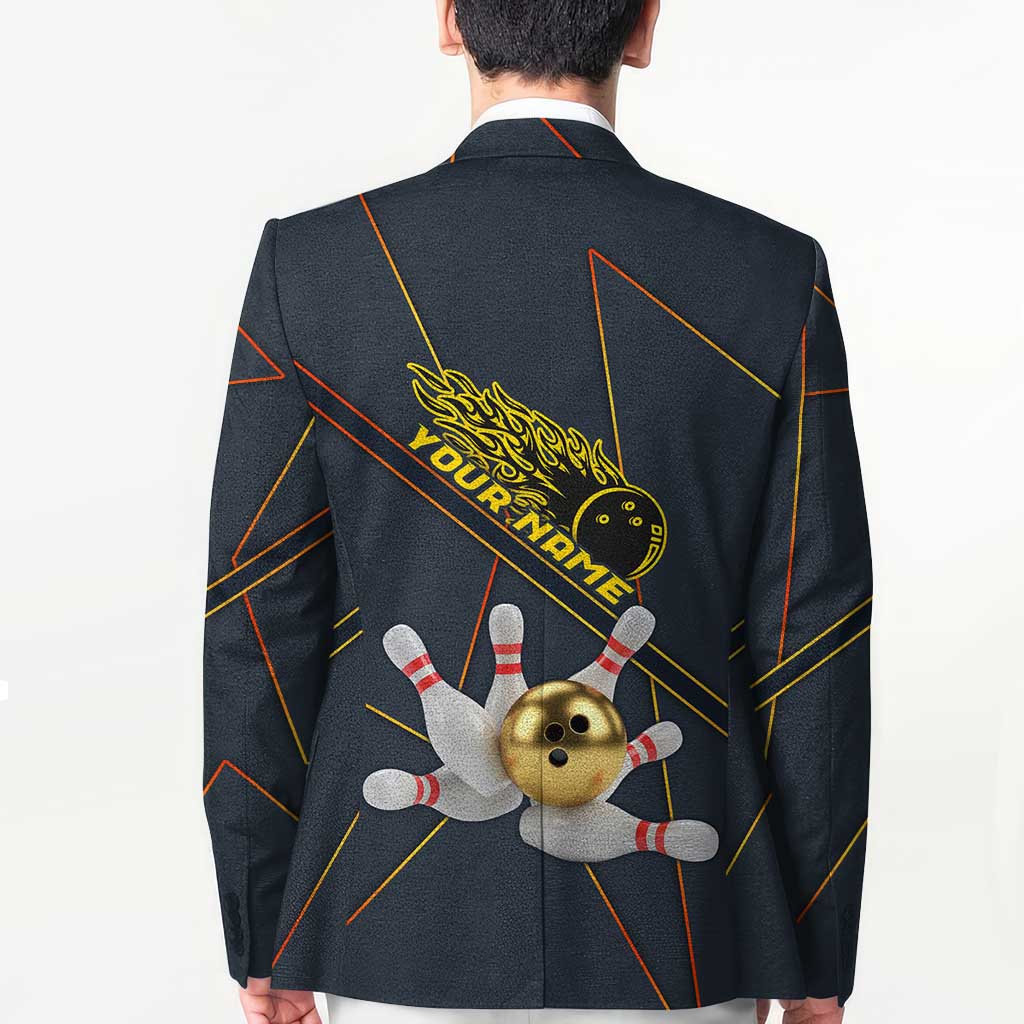 Custom Golden Bowling Shirts For Men, Flame Bowling Blazer with Flaming Bowling Ball Striking Pins And Geometric Line Pattern - Wonder Print Shop