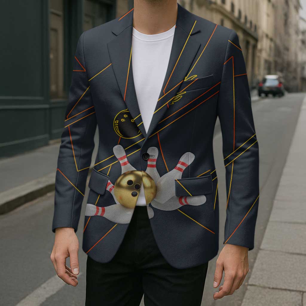 Custom Golden Bowling Shirts For Men, Flame Bowling Blazer with Flaming Bowling Ball Striking Pins And Geometric Line Pattern - Wonder Print Shop