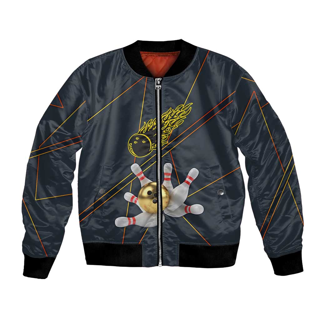 Custom Golden Bowling Shirts For Men, Flame Bowling Bomber Jacket with Flaming Bowling Ball Striking Pins And Geometric Line Pattern - Wonder Print Shop