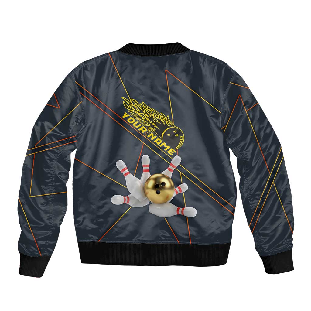 Custom Golden Bowling Shirts For Men, Flame Bowling Bomber Jacket with Flaming Bowling Ball Striking Pins And Geometric Line Pattern - Wonder Print Shop