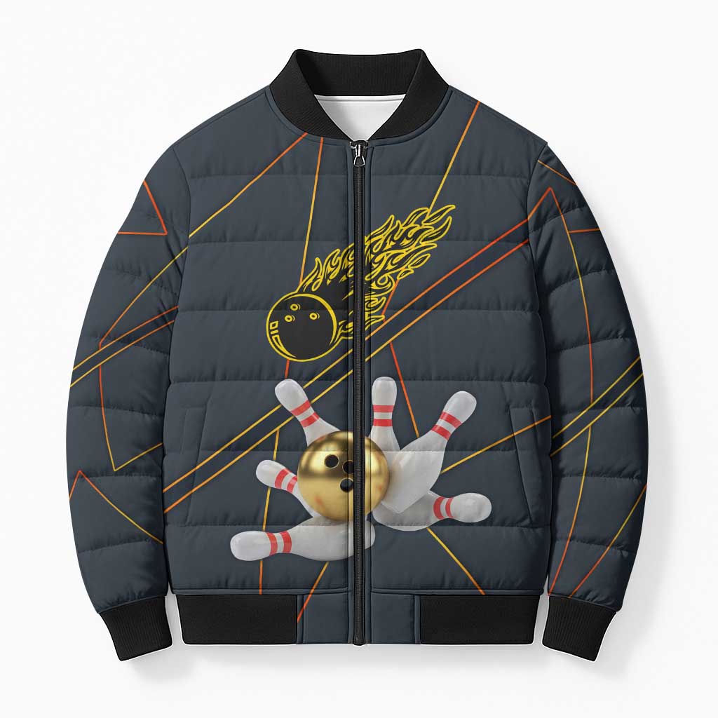 Custom Golden Bowling Shirts For Men, Flame Bowling Bomber Puffer Jacket with Flaming Bowling Ball Striking Pins And Geometric Line Pattern - Wonder Print Shop