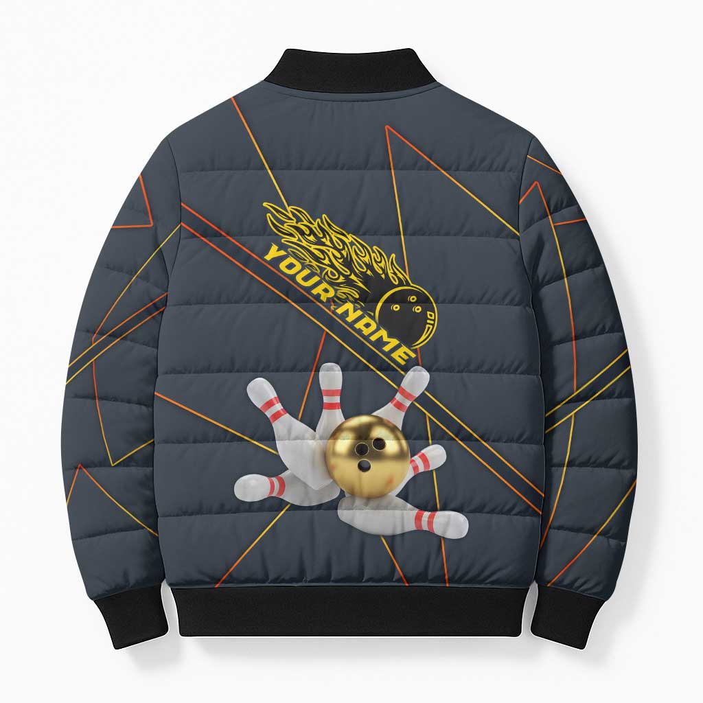 Custom Golden Bowling Shirts For Men, Flame Bowling Bomber Puffer Jacket with Flaming Bowling Ball Striking Pins And Geometric Line Pattern - Wonder Print Shop