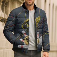 Custom Golden Bowling Shirts For Men, Flame Bowling Bomber Puffer Jacket with Flaming Bowling Ball Striking Pins And Geometric Line Pattern - Wonder Print Shop