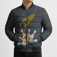 Custom Golden Bowling Shirts For Men, Flame Bowling Bomber Puffer Jacket with Flaming Bowling Ball Striking Pins And Geometric Line Pattern - Wonder Print Shop