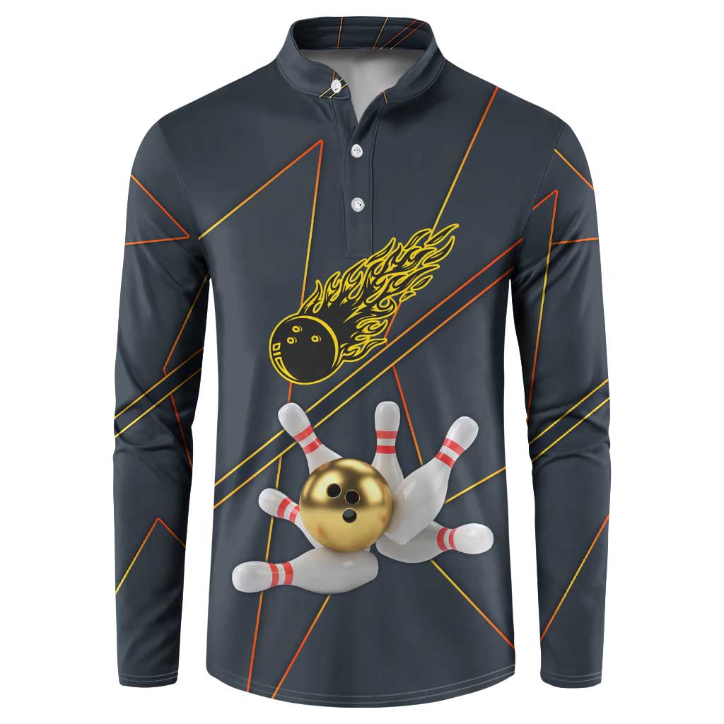 Custom Golden Bowling Shirts For Men, Flame Bowling Button Sweatshirt with Flaming Bowling Ball Striking Pins And Geometric Line Pattern - Wonder Print Shop