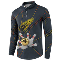 Custom Golden Bowling Shirts For Men, Flame Bowling Button Sweatshirt with Flaming Bowling Ball Striking Pins And Geometric Line Pattern - Wonder Print Shop