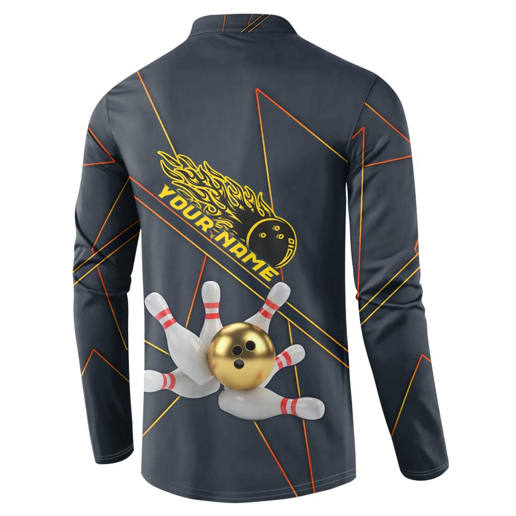 Custom Golden Bowling Shirts For Men, Flame Bowling Button Sweatshirt with Flaming Bowling Ball Striking Pins And Geometric Line Pattern - Wonder Print Shop