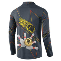 Custom Golden Bowling Shirts For Men, Flame Bowling Button Sweatshirt with Flaming Bowling Ball Striking Pins And Geometric Line Pattern - Wonder Print Shop
